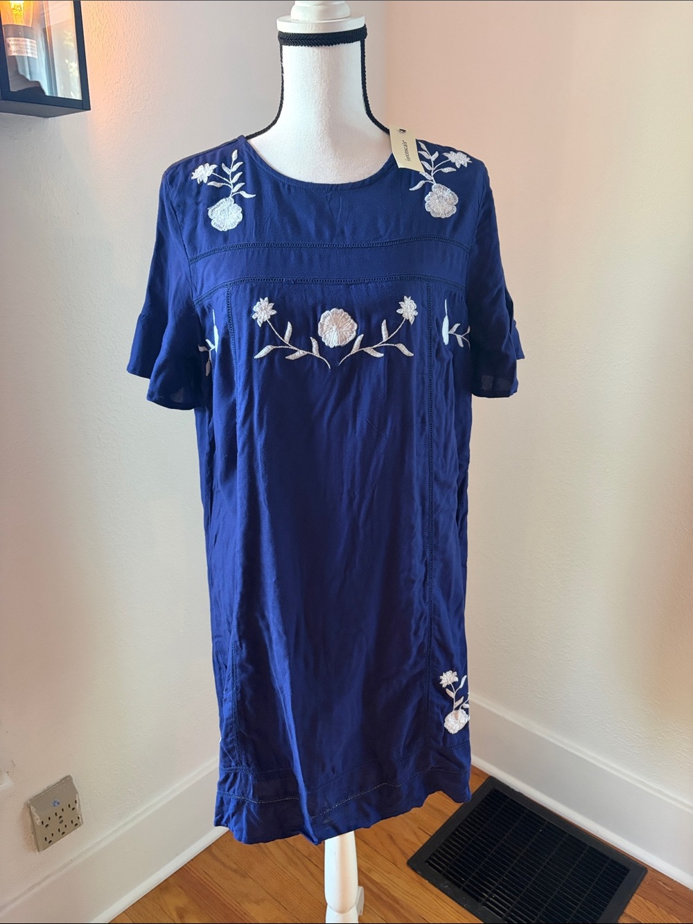 Blue Rain Navy Blue Mini Dress with White Floral Embroidery